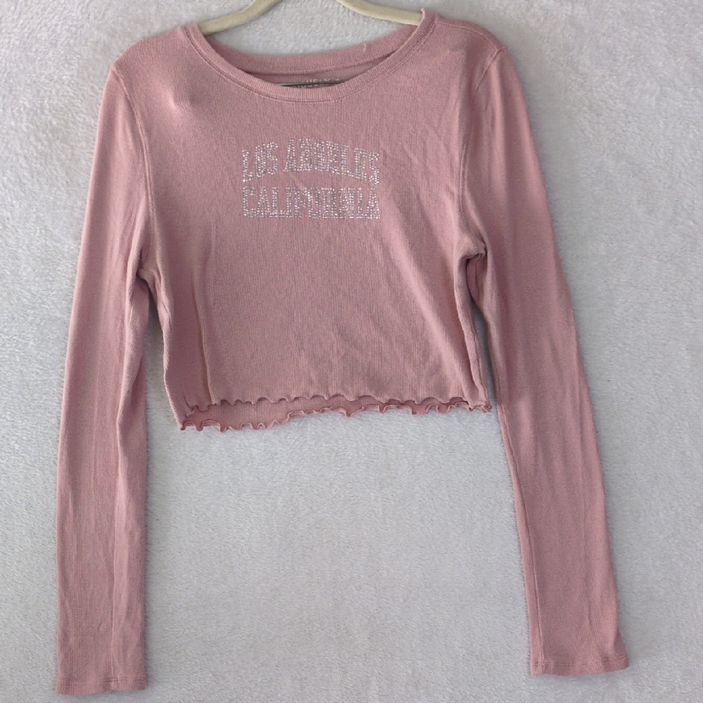 Aeropostale Junior's Seriously Soft Pink Ribbed Cropped Los Angeles Shirt L